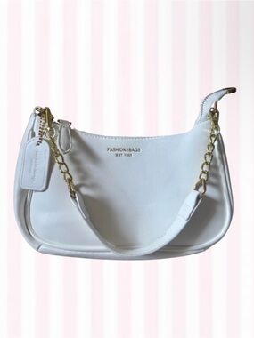 White Shoulder Bag with Gold Chain Accent